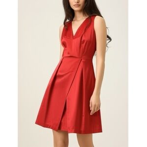 PARIS SUNDAY Red Sateen V Neck Dress Sleeveless Fit Flare Women’s Sz L Cocktail